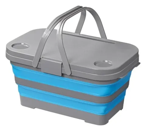 Cesta plegable para pícnic estilo mesa con asas y tapa.