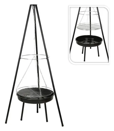 Trípode para barbacoa con recipiente para el fuego