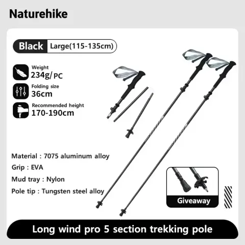 Naturehike-bastones de Trekking de viento largo, fibra de carbono 7075, aleación de aluminio, bastones ligeros plegables de cinco secciones para escalar