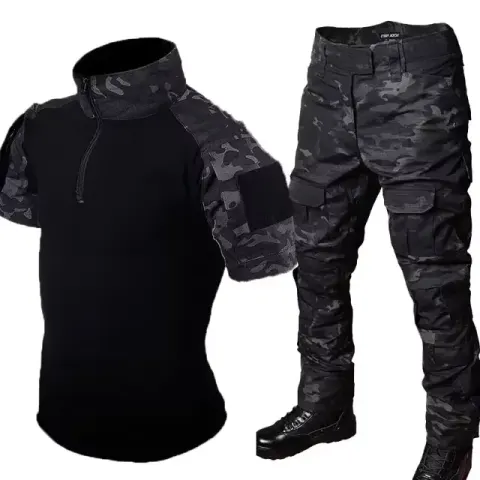 Conjuntos de entrenamiento de camuflaje negro, Tops de combate con cremallera 1/4, trajes tácticos, pantalones de senderismo, camisas duraderas para hombres, múltiples bolsillos, resistentes al