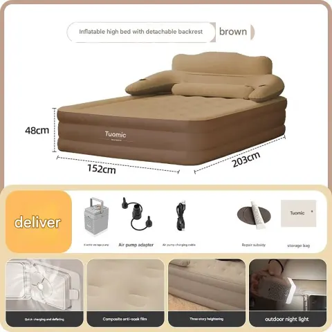 Colchón de camping para 2 personas de PVC con respaldo, bomba incorporada/externa, colchón inflable automático, altura aumentada, engrosado, para uso en interiores, hogar, oficina, colchoneta para