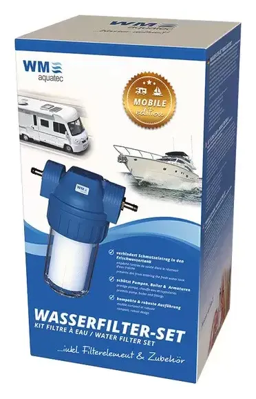 Pre filtro de entrada de agua anti sedimentos WM Aquatec para caravanas, autocaravanas y camper.