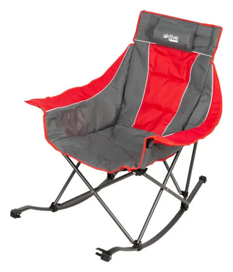 Aktive Silla mecedora plegable camping gris y roja con cojín y bolsillos