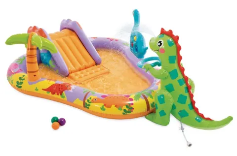 Centro de juegos acuático hinchable dino park con tobogán y pulverizador