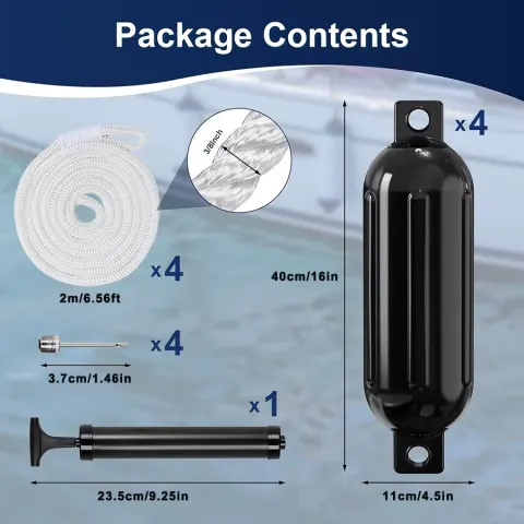 Defensas para Barcos de 4.5/6.5 Pulgadas, Paquete de 4, Protectores para Atracar con Ojos Doble Acanalados, 4 Cuerdas, Bomba de Aire, Resistentes a Rayos UV y Agua Salada, para Embarcaciones Jon y