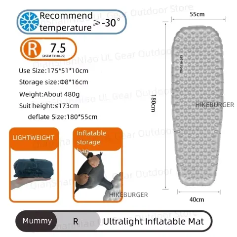Colchón Inflable Ligero para Camping, Valor R 7.5, Colchoneta Portátil para Dormir al Aire Libre, Ultraligera, para una Persona, R4.2/R3.5