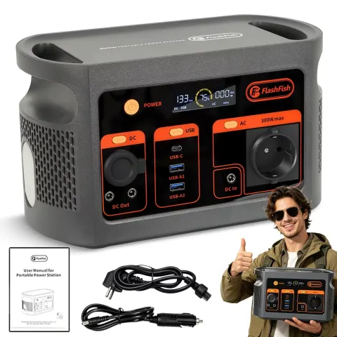 Estación de Energía Portátil FlashFish E103 de 300 W con Batería LiFePO4 de 179.2 Wh, Generador Solar con Salida USB QC3.0 Tipo-C DC para Emergencias y Campamentos