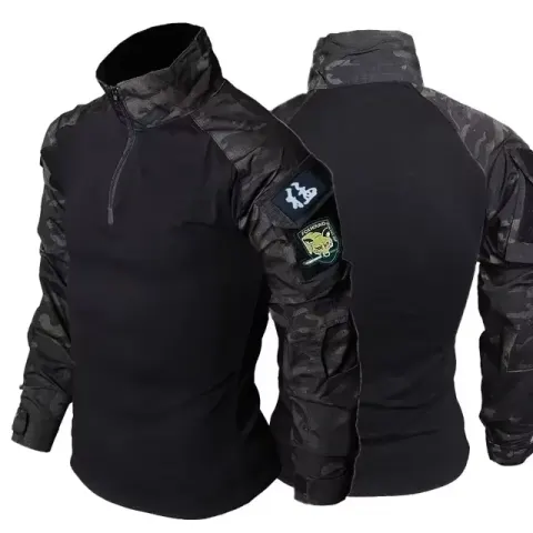 Conjuntos de entrenamiento de camuflaje negro, Tops de combate con cremallera 1/4, trajes tácticos, pantalones de senderismo, camisas duraderas para hombres, múltiples bolsillos, resistentes al