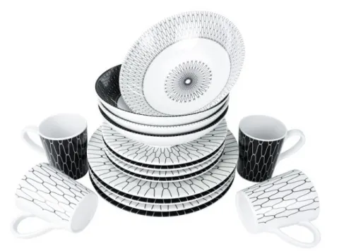 SET MELAMINA 16 PCS BLANCO/NEGRO · Ref. 0501041