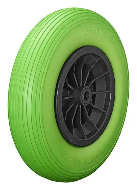 Rueda Jockey de PU con llanta de plástico 16″ 4,00-8 verde.