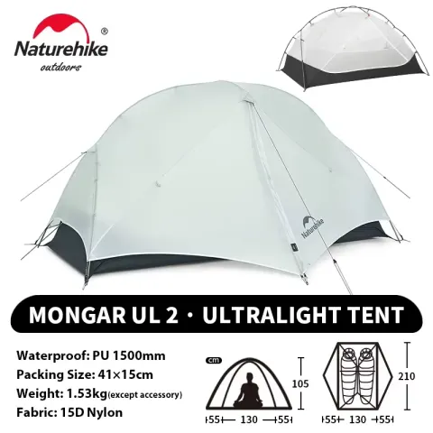 Naturehike-tienda Mongar UL 2 para 2 personas, tienda de campaña ultraligera 20D, impermeable, para senderismo, supervivencia, tienda de campaña al aire libre