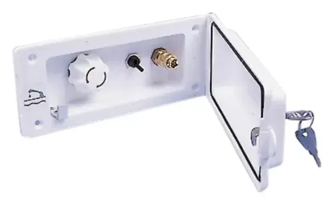 Toma de ducha Exterior REICH blanca agua caliente y fria  con cerradura 215×95 mm para caravanas, autocaravanas y camper. – Ref. 63220