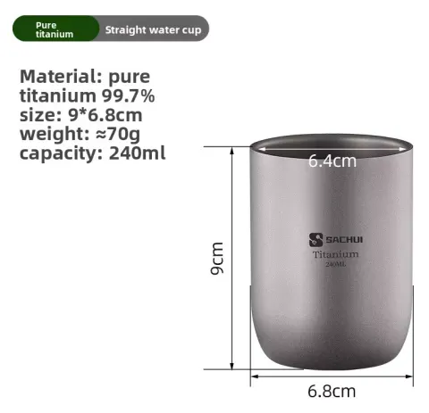 Taza de Titanio de Doble Capa sin Asa para Picnic al Aire Libre, Taza de Café Ultraligera para Camping, Taza de Té Portátil de Titanio Puro, Taza de Oficina