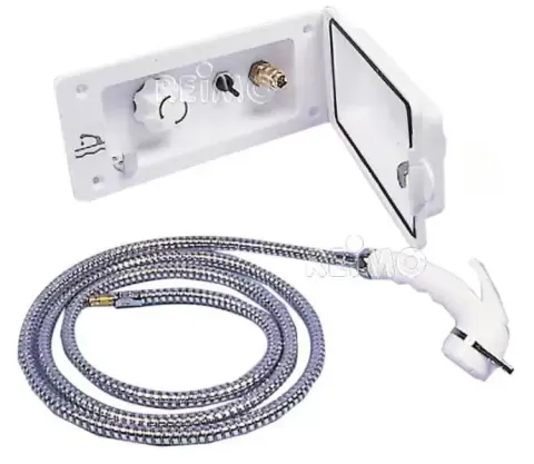 Toma de ducha Exterior REICH blanca agua caliente y fria  sin cerradura con flexo 215×95 mm para caravanas, autocaravanas y camper. – Ref. 63221