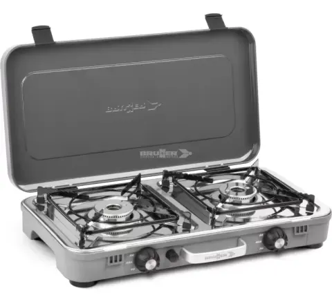Cocina de 2 fuegos de gas Brunner Devil Kookmaster Acero Inox para caravanas, autocaravanas y camper.
