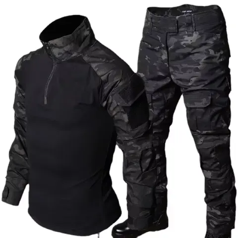 Conjuntos de entrenamiento de camuflaje negro, Tops de combate con cremallera 1/4, trajes tácticos, pantalones de senderismo, camisas duraderas para hombres, múltiples bolsillos, resistentes al