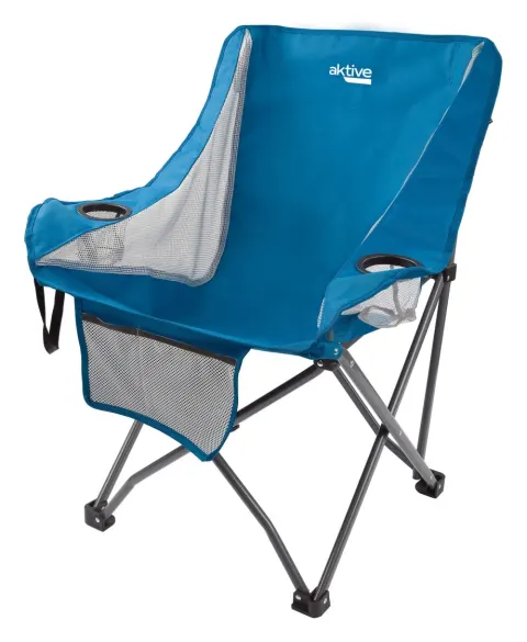 Sillón plegable camping antivuelco azul con posavasos y bolsillo Aktive