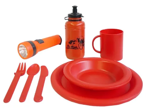 Pack de camping infantil COLONIAS PRO – vajilla + cantimplora + linterna