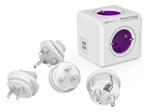 PowerCube Cubo USB recableable morado de viaje con 4 enchufes