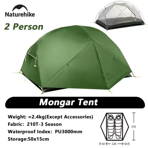 Tienda de campaña Naturehike Mongar 20D/210T, tienda para 2 personas, ultraligera, portátil, de doble capa, para senderismo al aire libre, viajes, tiendas de 4 estaciones