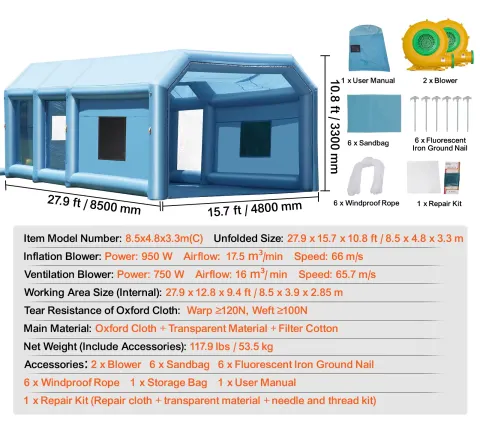 Cabina de Pintura Inflable SucceBuy con Potentes Sopladores y Sistema de Filtrado de Aire, Cabina de Pintura Portátil para Autos