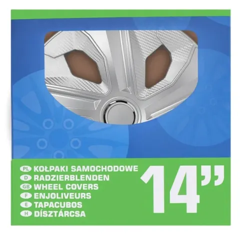 Juego de tapacubos Moon Ring carbono plata 14 pulgadas. 4 piezas