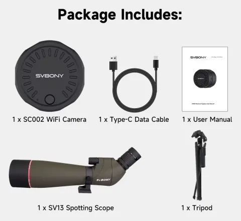 Cámara WiFi Svbony SC002, cámara digiscoping compatible con SV28 SV41 Pro Spotting Scope SV202 binoculares para observación de aves