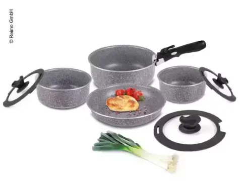 Batería de cocina de aluminio de 8 piezas con mango extraible, camping caravaning. – Ref. 92316