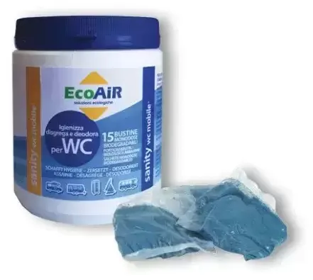 EcoAir Blue en bolsitas, 15 dosis para caravanas, autocaravanas y camper. – Ref. 68504